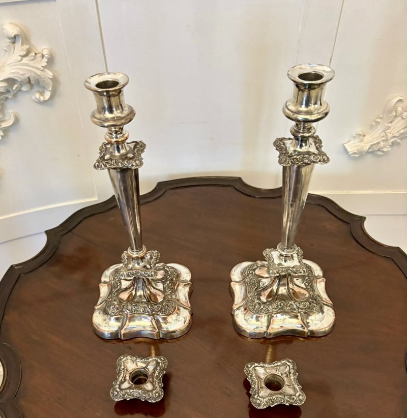 Antique Quality Pair of Tall Silver-Plated Candlesticks